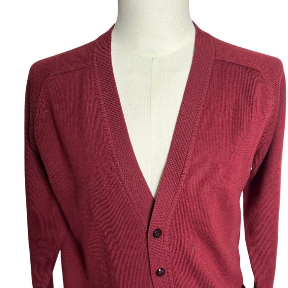 Vintage 70s Burgundy Button Front Cardigan Sweater Small Wool Made In France - Picture 2 of 7